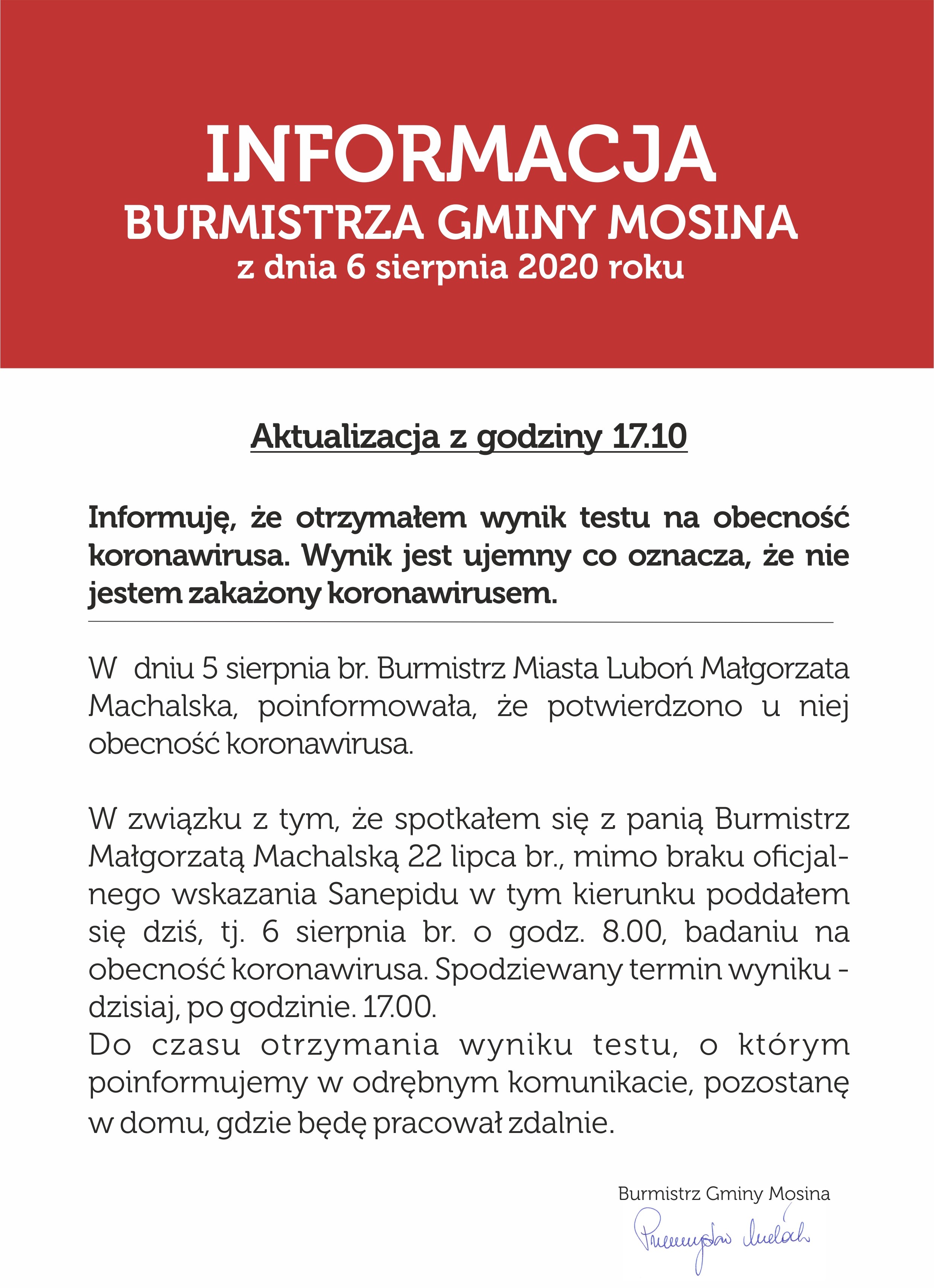 Informacja Burmistrza Gminy Mosina z dnia 6.08.2020r.