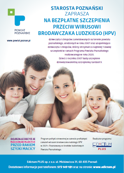 plakat przedstawiający rodzinę, zachęcający do szczepień i zdbania o zdrowie
