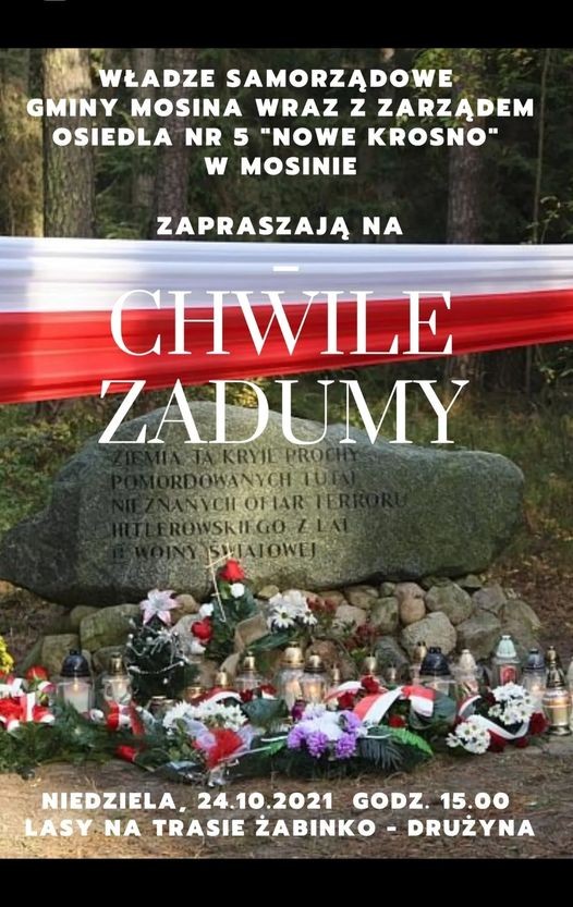 Plakat przedstawiający kamień z wyrytym napisem upamiętniającym ofiary II wojny światowej