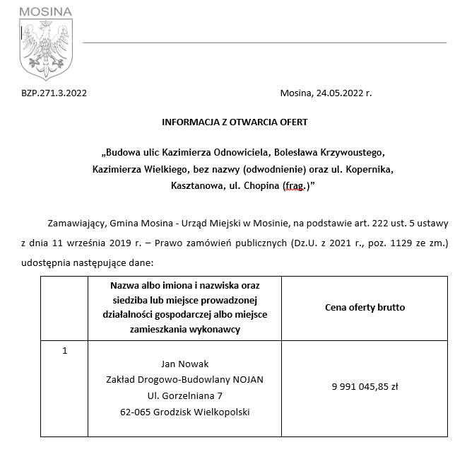 Informacja z otwarcia ofert