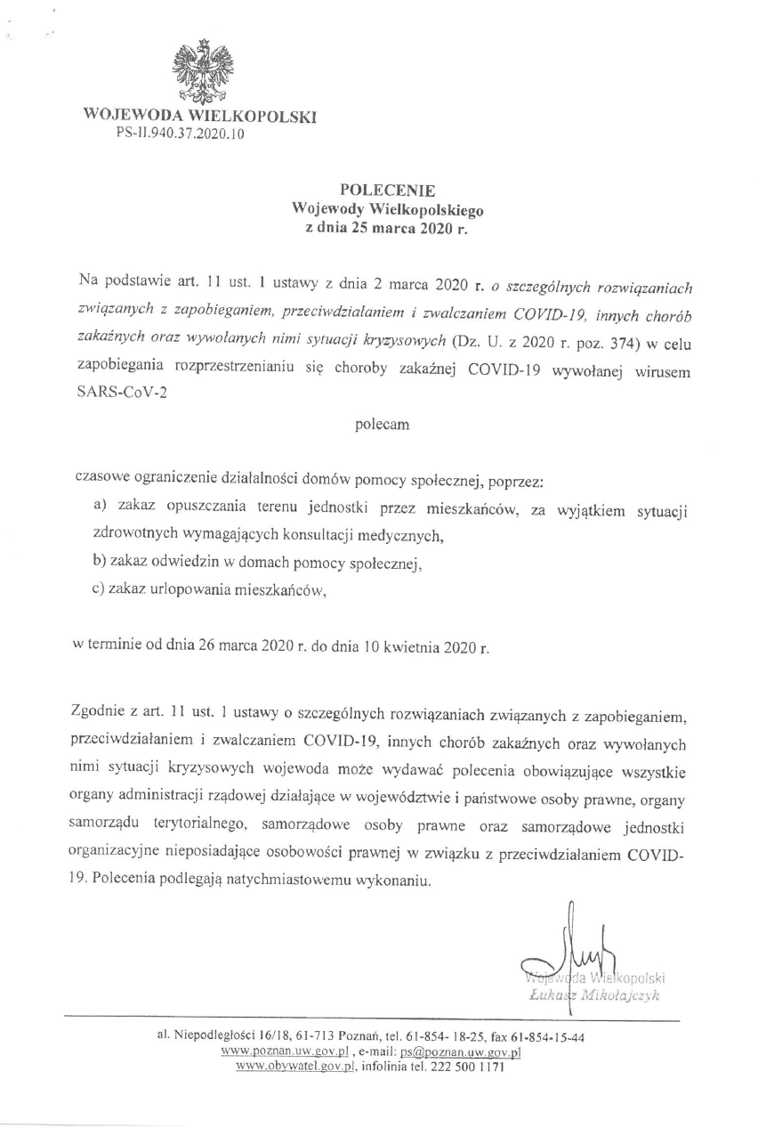 Polecenie Wojewody Wielkopolskiego z dnia 25 marca br.