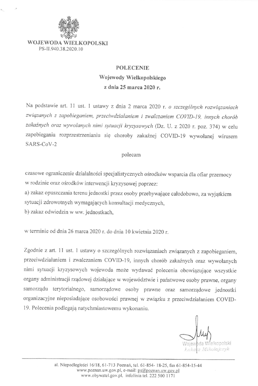Polecenie Wojewody Wielkopolskiego z dnia 25 marca br.