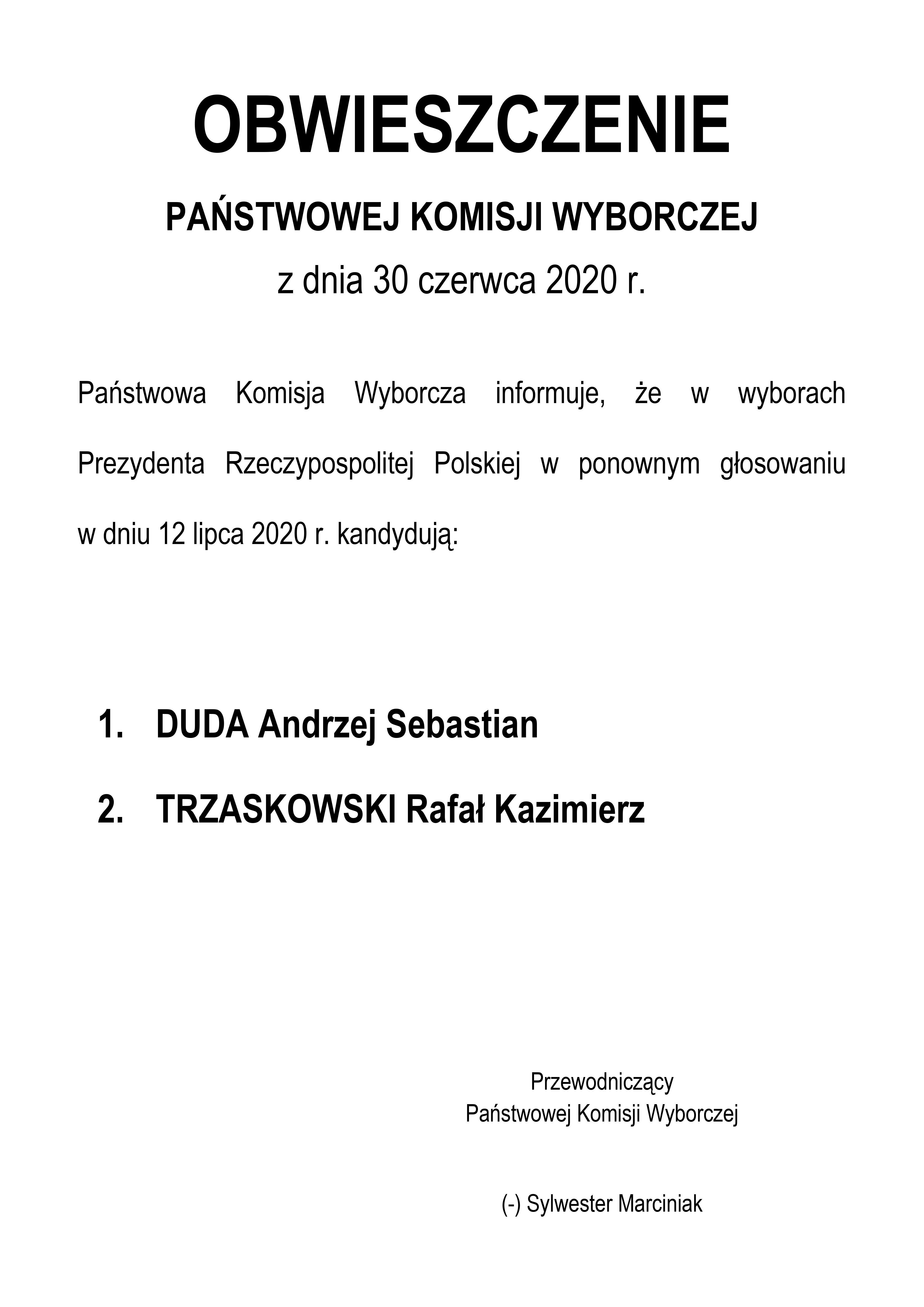 Obwieszczenie PKW - II tura wyborów