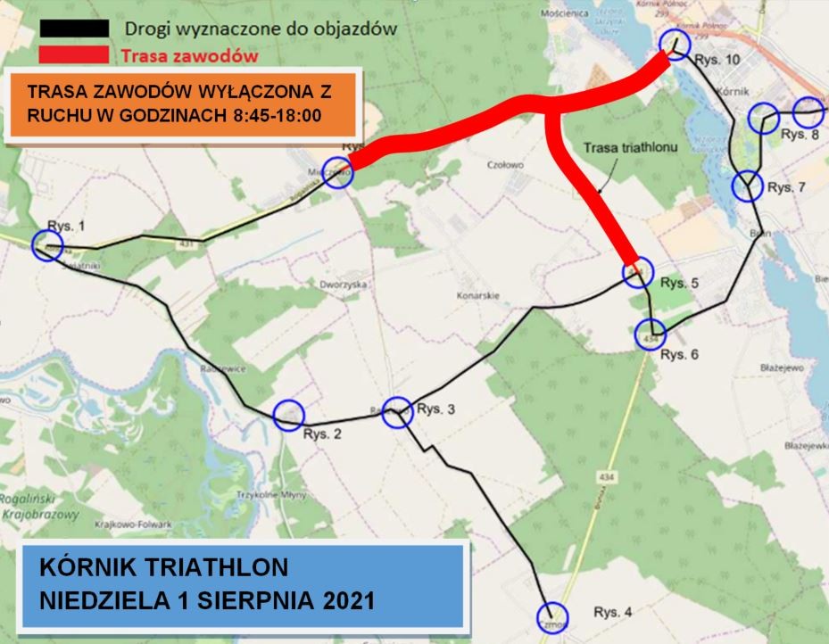 Zdjecie przedstawia plan objazd&oacute;w podczas Triathlonu w k&oacute;rniku