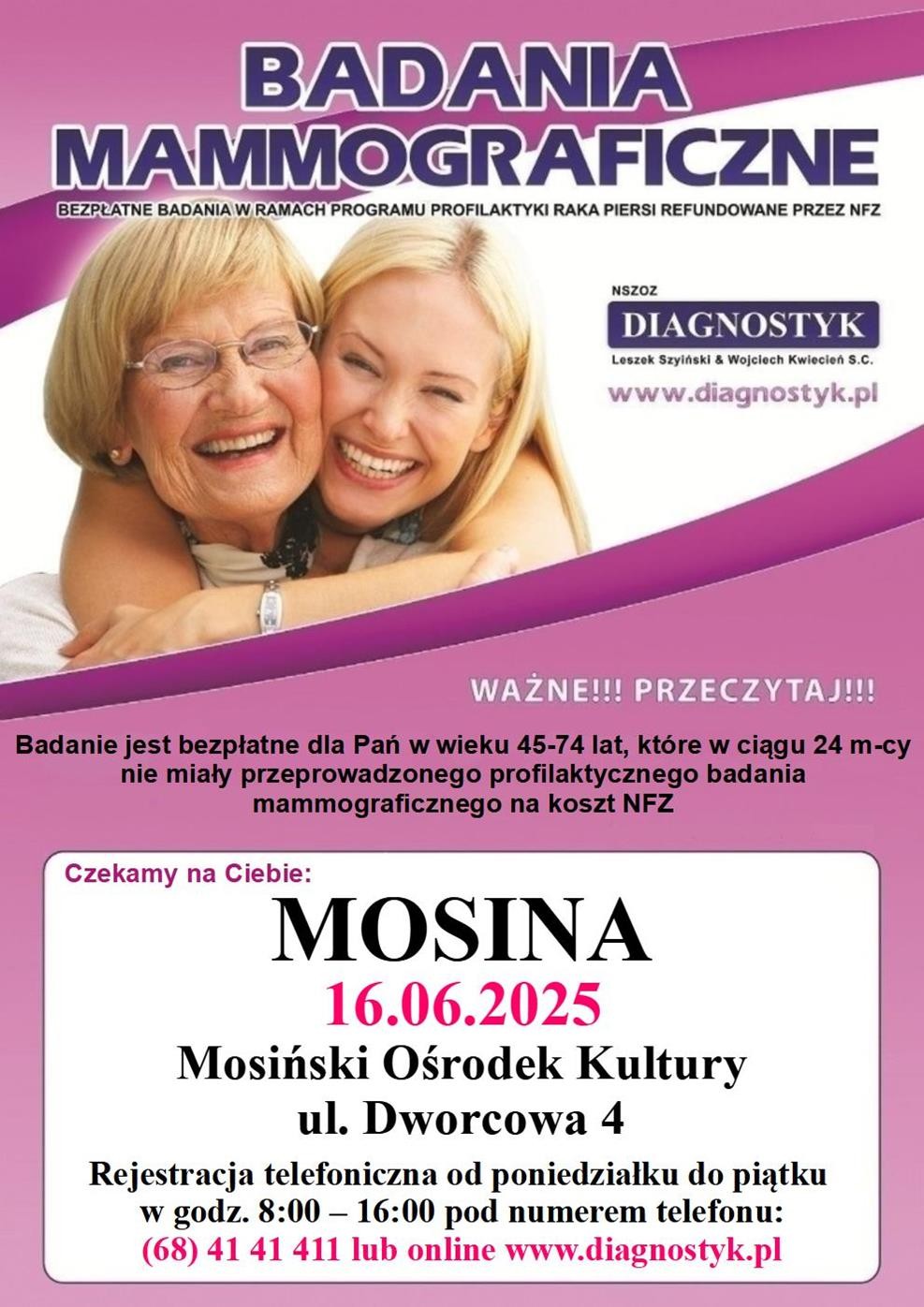 Plakat informacyjny o badania mammograficznych w Mosinie 
