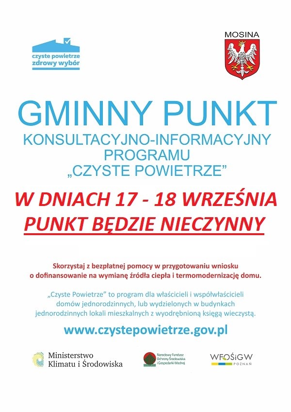 pLAKAT INFORMUJĄCY O ZAMKNIĘCIU PUNKTU W DNIACH 17 -18 WRZEŚNIA