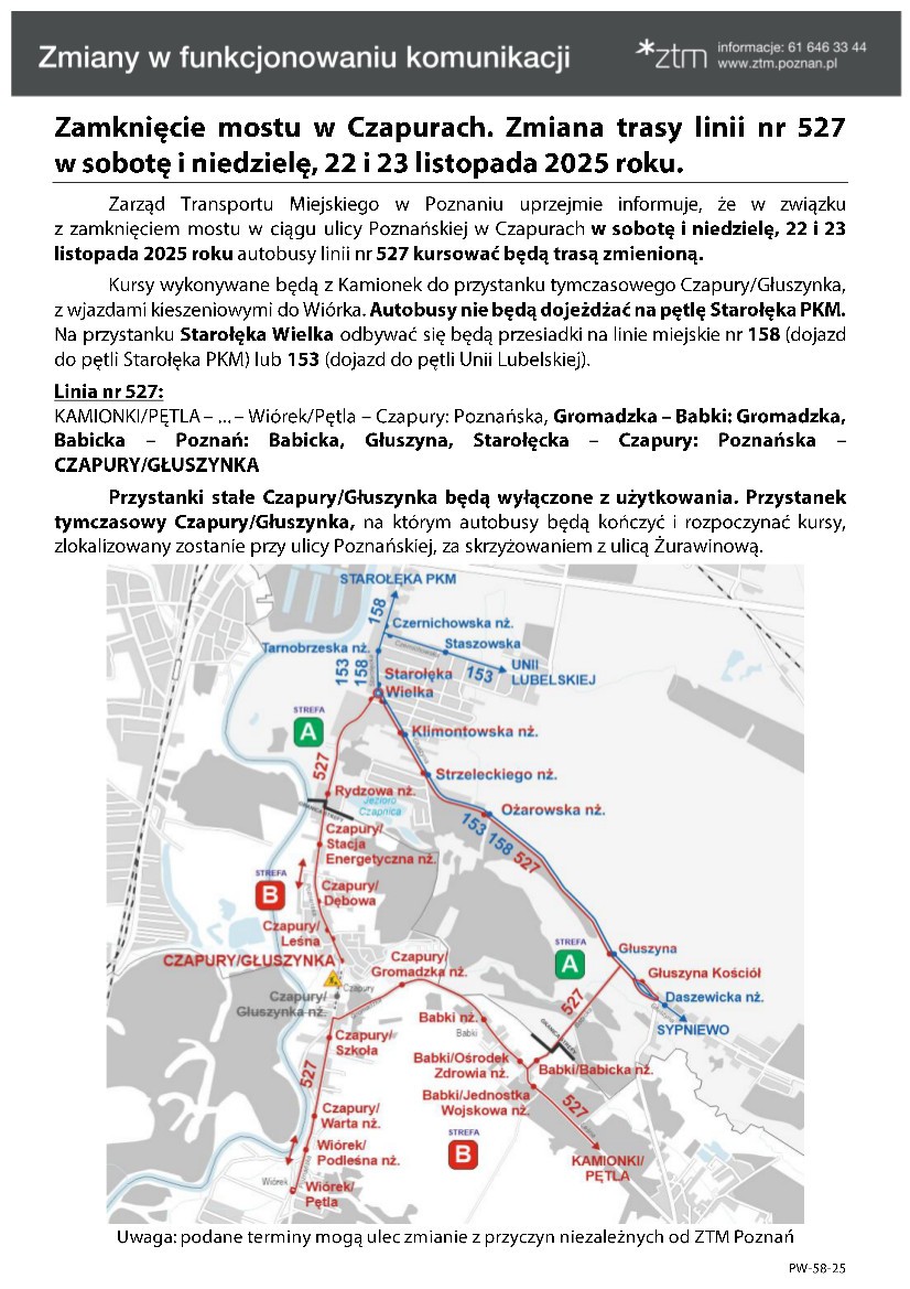 Informacja o zmianie trasy autobusu wraz z mapką poglądową. 