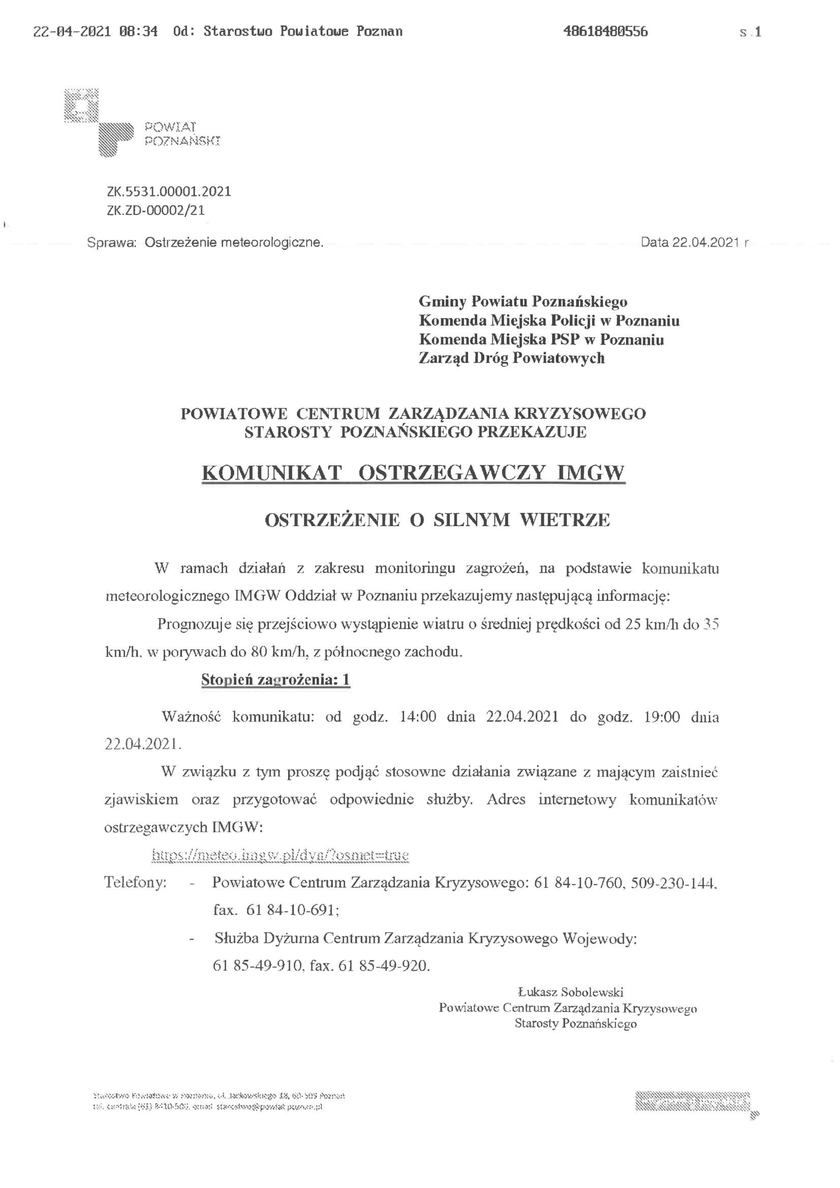 Ostrzeżenie o silnym wietrze