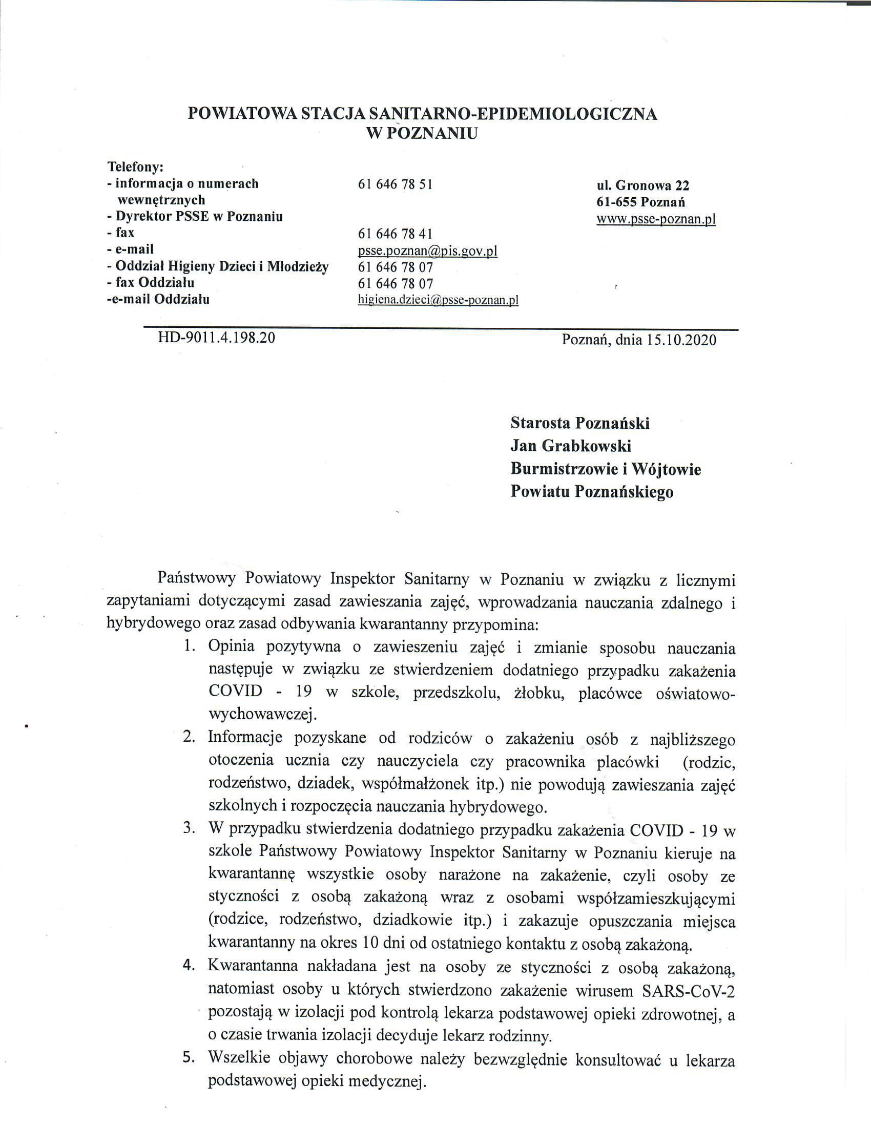 Informacja Starosty Poznańskiego dotycząca kwarantanny