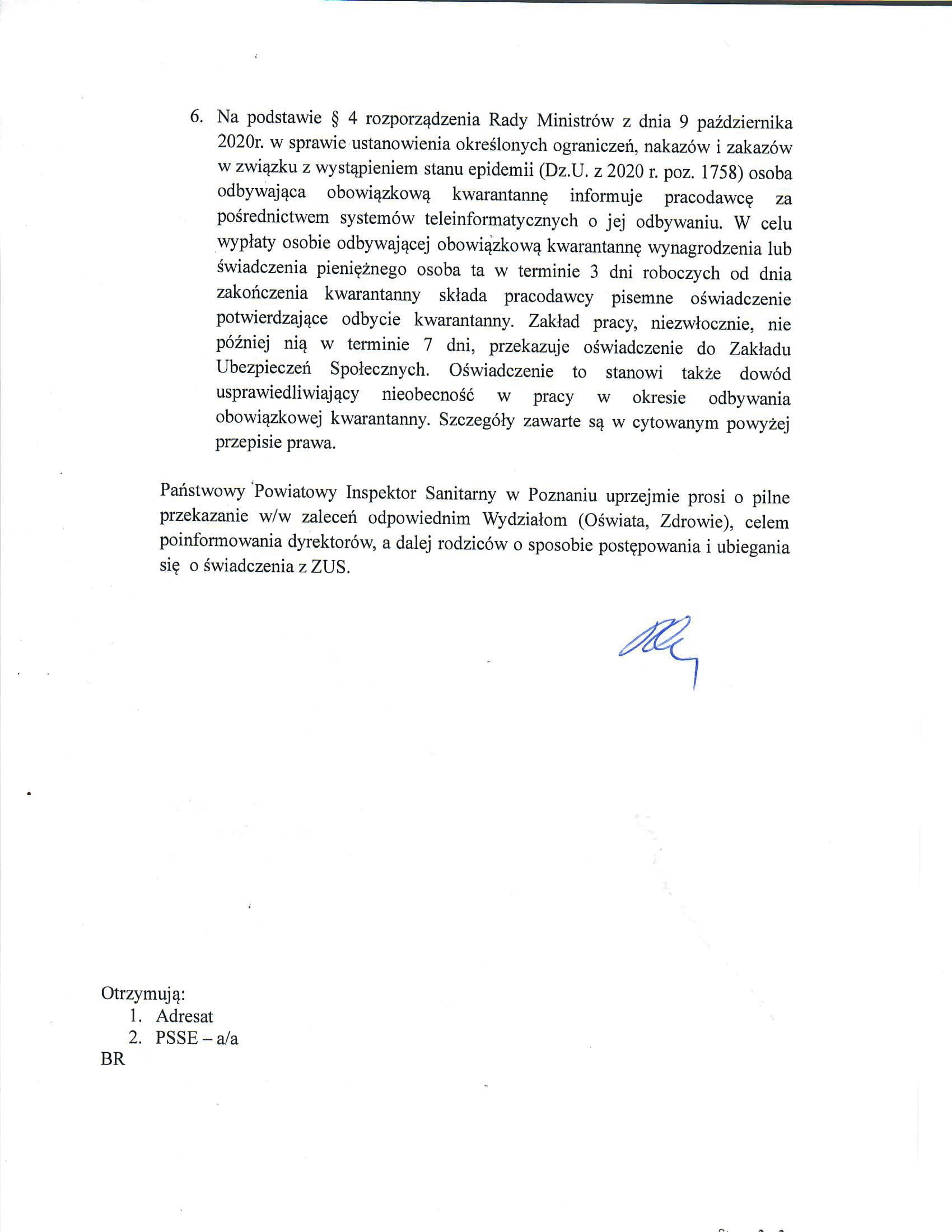 Informacja Starosty Poznańskiego dotycząca kwarantanny