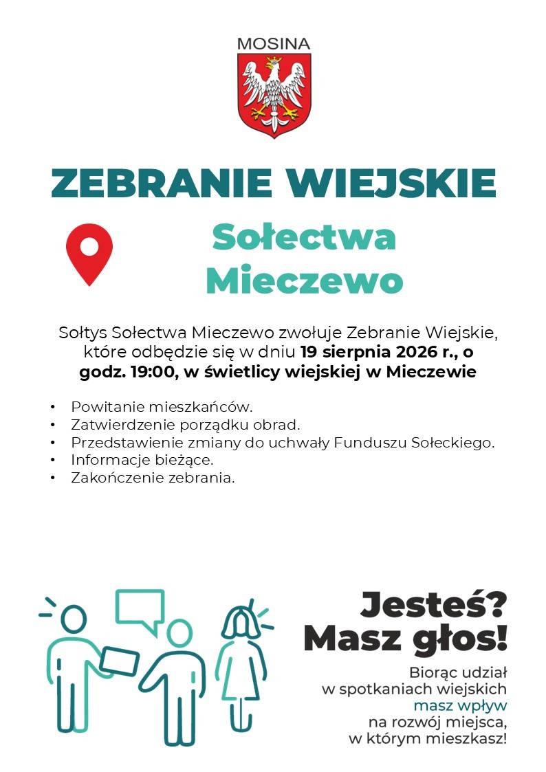 Termin, miejsce i porządek Zebrania Wiejskiego Sołectwa Mieczewo w dniu 19.08.2026 r.
