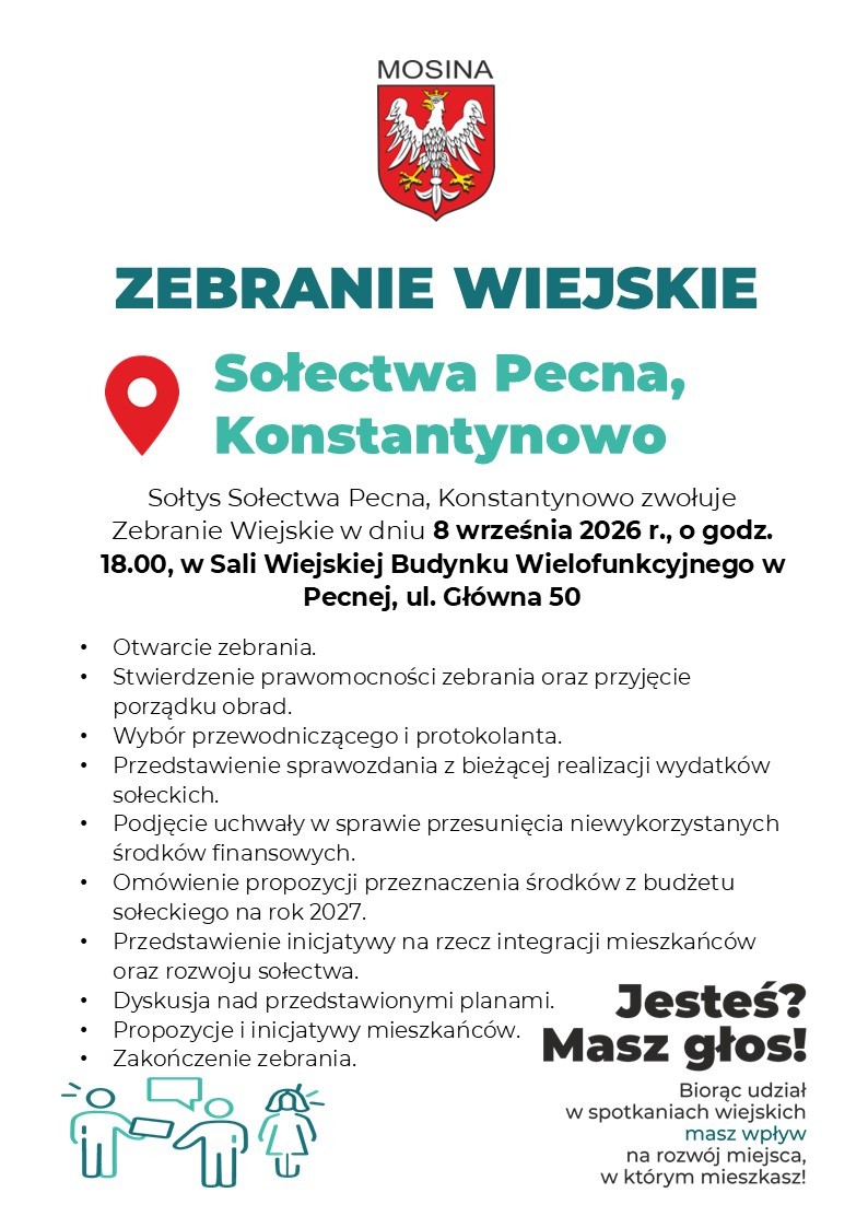 Porządek Zebrania Wiejskiego Sołectwa Pecna, Konstantynowo w dniu 8 września 2026 r.