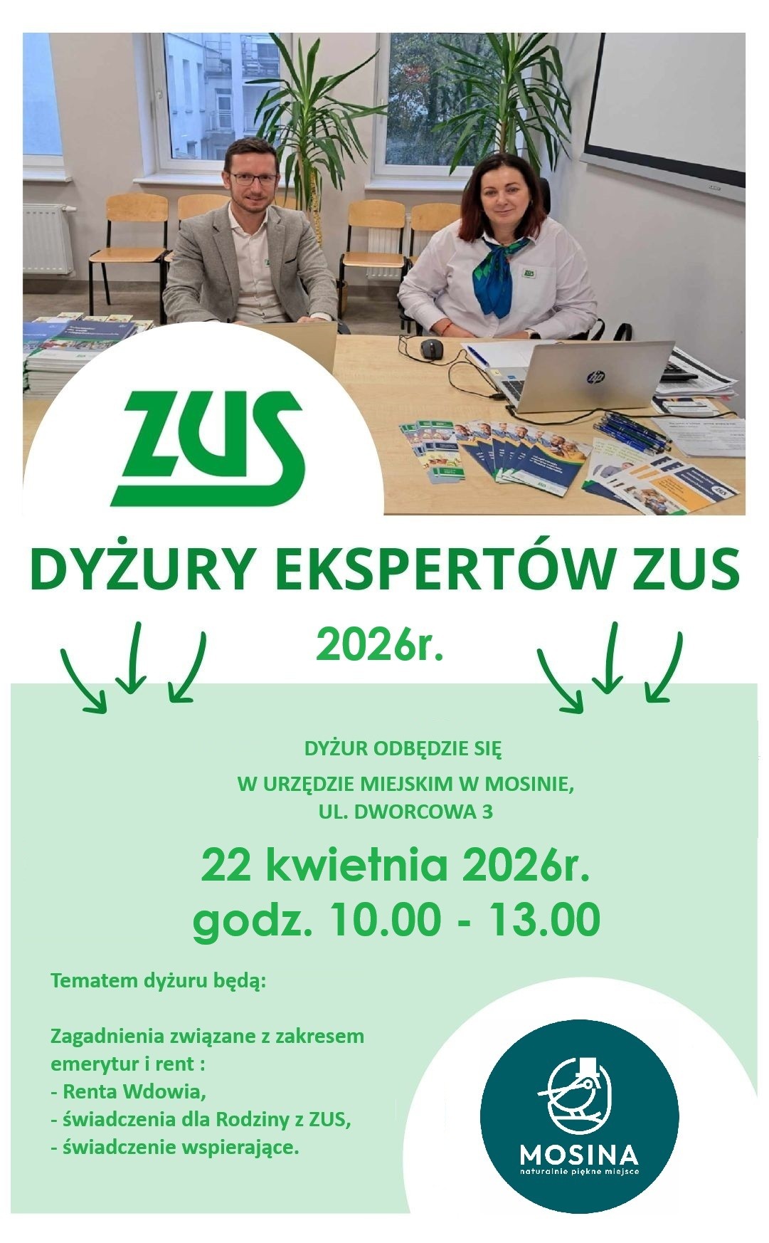 plakat przedstawia inforamcje o dyżurze ZUS