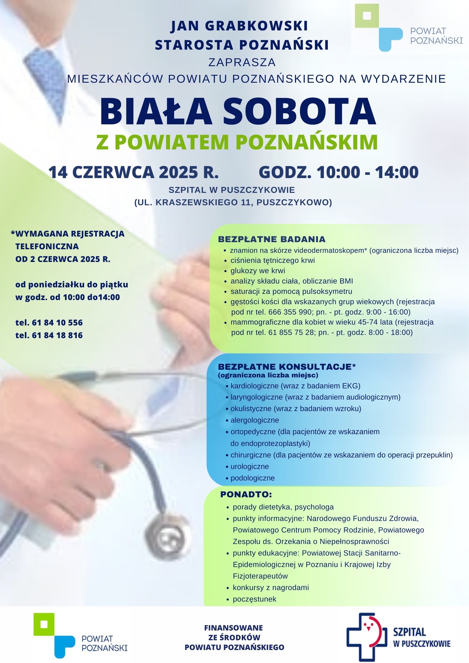 Plakat informacyjny z zaproszeniem na "Białą sobotę z Powiatem Poznańskim"