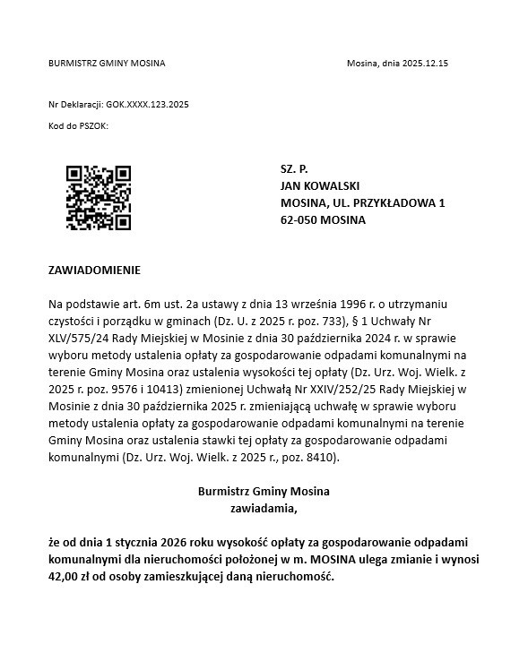 Zawiadomienie z kodem QR do PSZOK