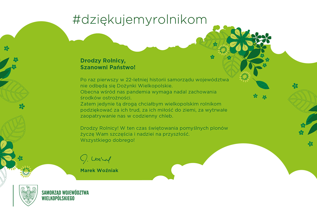 Marszałek Marek Woźniak dziękuje wielkopolskim rolnikom