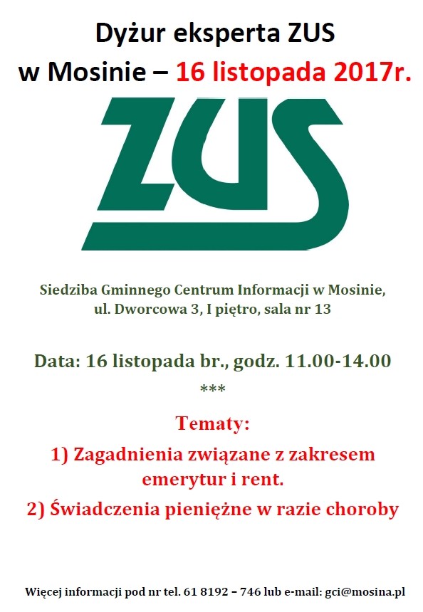Dyżur ekspertów ZUS w Mosinie 