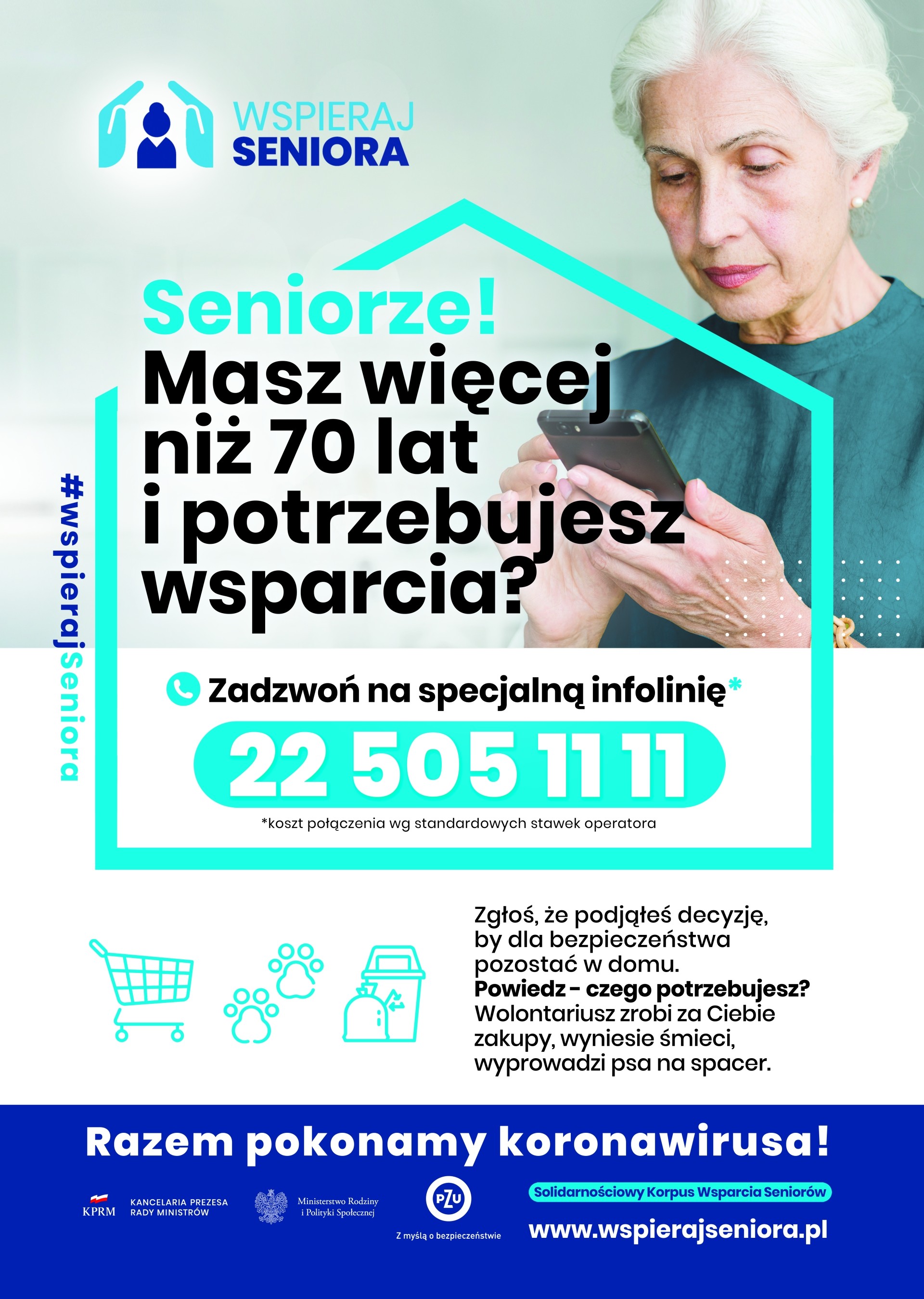 plakat informacyjny, dotyczący pomocy dla seniorów powyżej 70 roku życia, przedstawiający seniorkę korzystającą z telefonu komórkowego