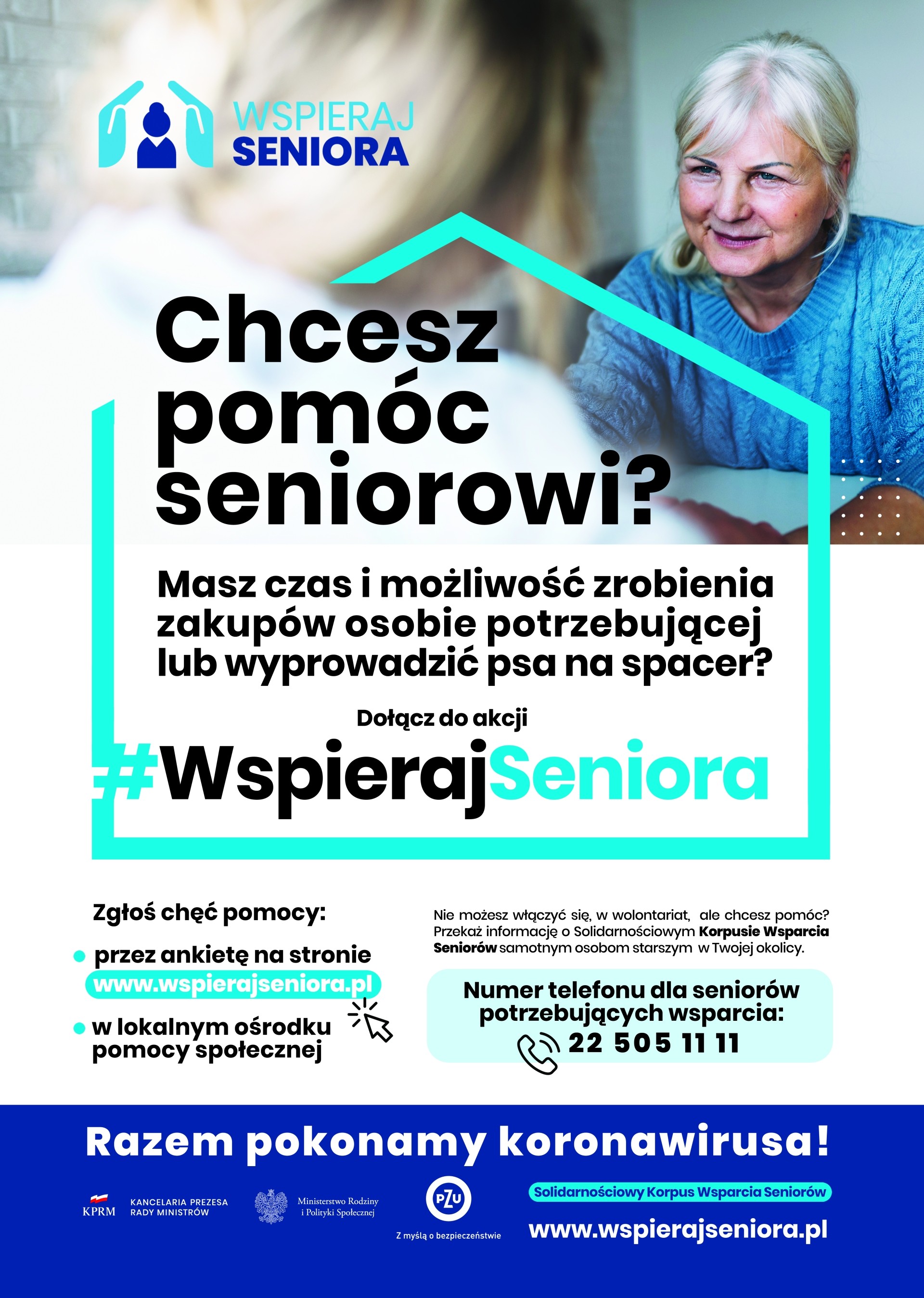 plakat informacyjny, dotyczący pomocy dla seniorów powyżej 70 roku życia, przedstawiający rozmawiające kobiety