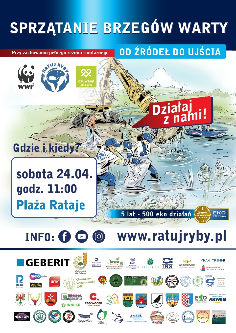 Plakat przedstawia informacje związane z akcją sprzątania brzegów rzeki Warty.