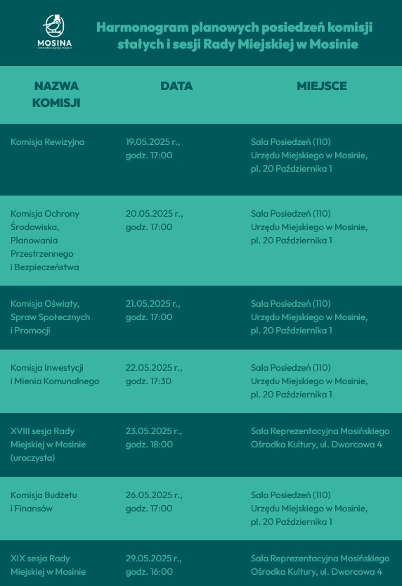 Harmonogram planowych posiedzeń komisji stałych i sesji Rady Miejskiej w Mosinie