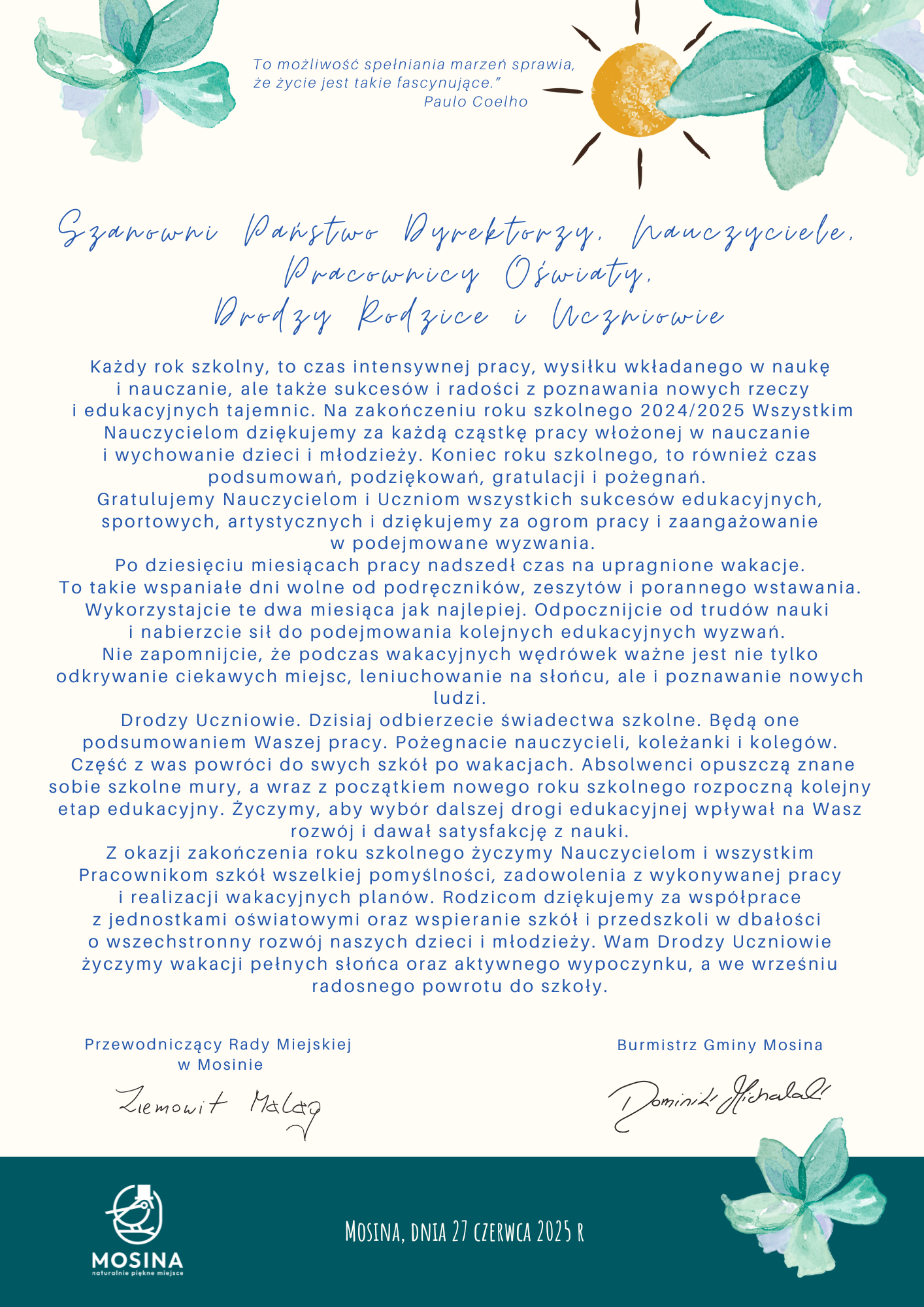Życzenia z okazji zakończenia roku szkolnego