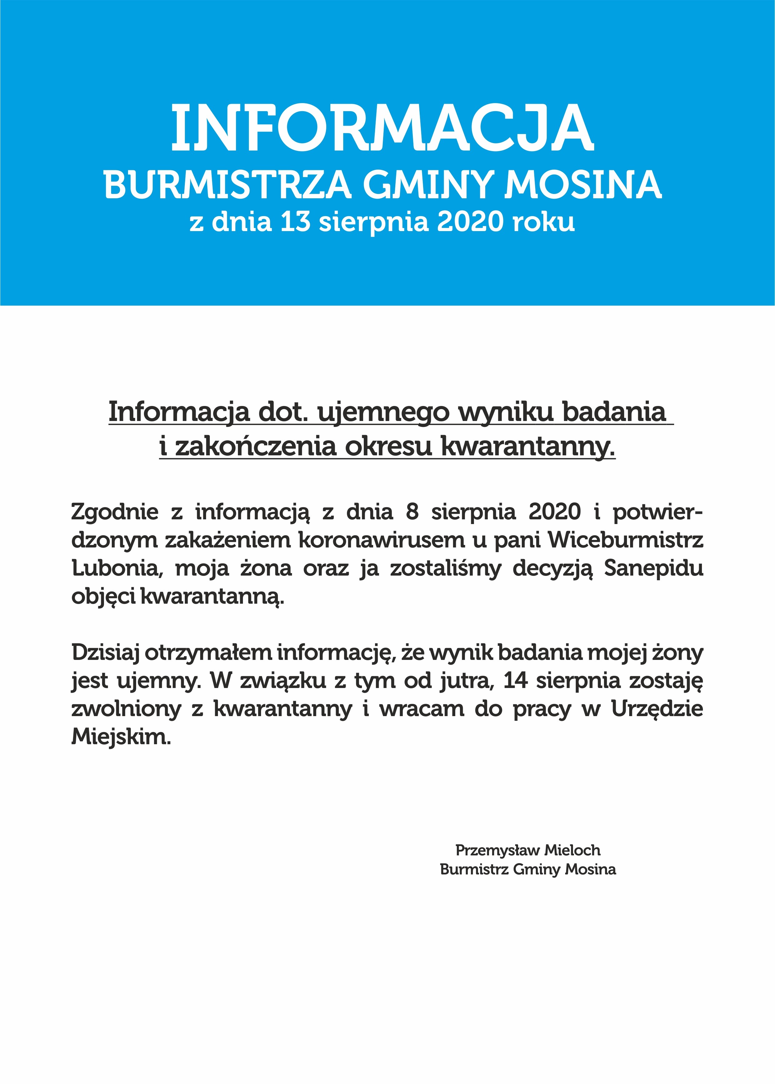 Informacja Burmistrza Gminy Mosina z dnia 13.08.2020r.