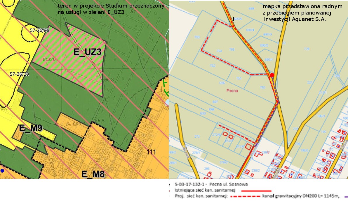 grafika przedstawia fragment Studium gminy mosina oraz makę z przebiegiem inwestycji Aquanet S.A. 