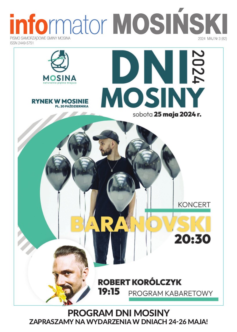 Grafiak przedstawia okładkę "Infromatora Mosińskiego", a na niej artyst&oacute;w Dni Mosiny 2024.