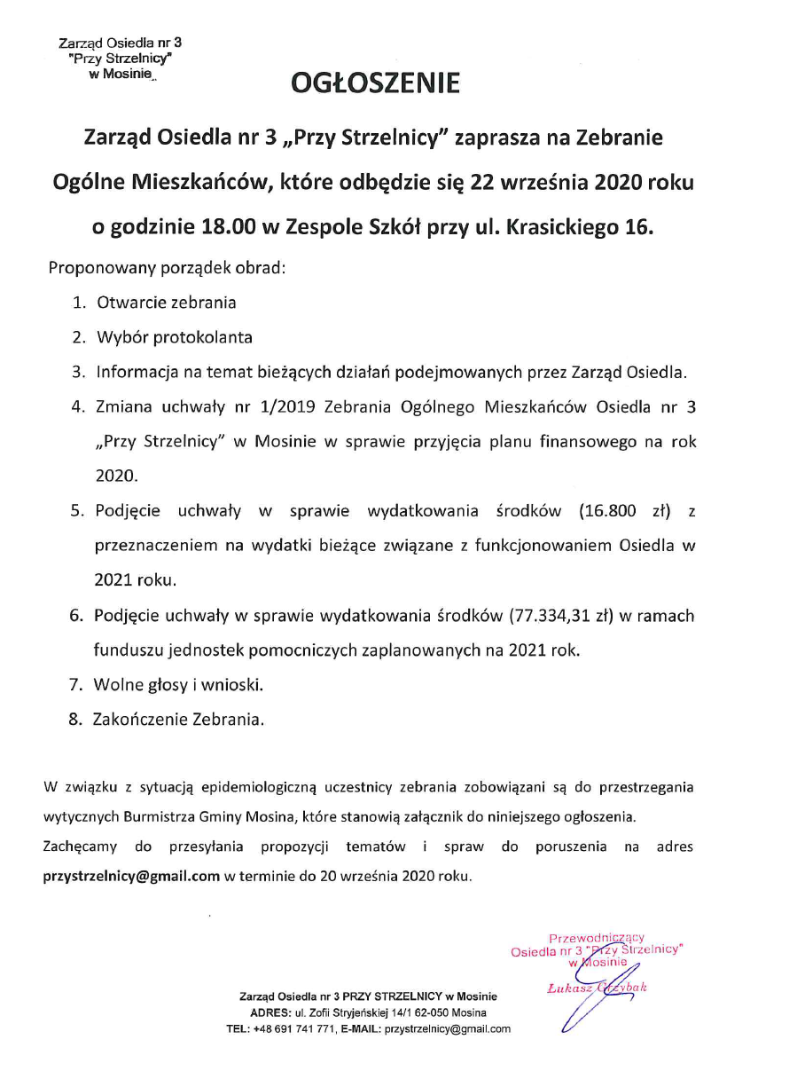 Ogłoszenie o Zebraniu Ogólnym Mieszkańców Osiedla nr 3