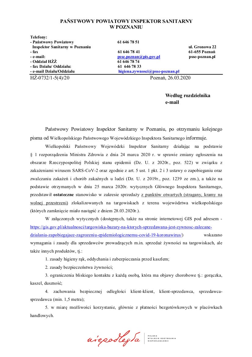 Stanowisko Państwowego Powiatowego Inspektora Sanitarnego w Poznaniu