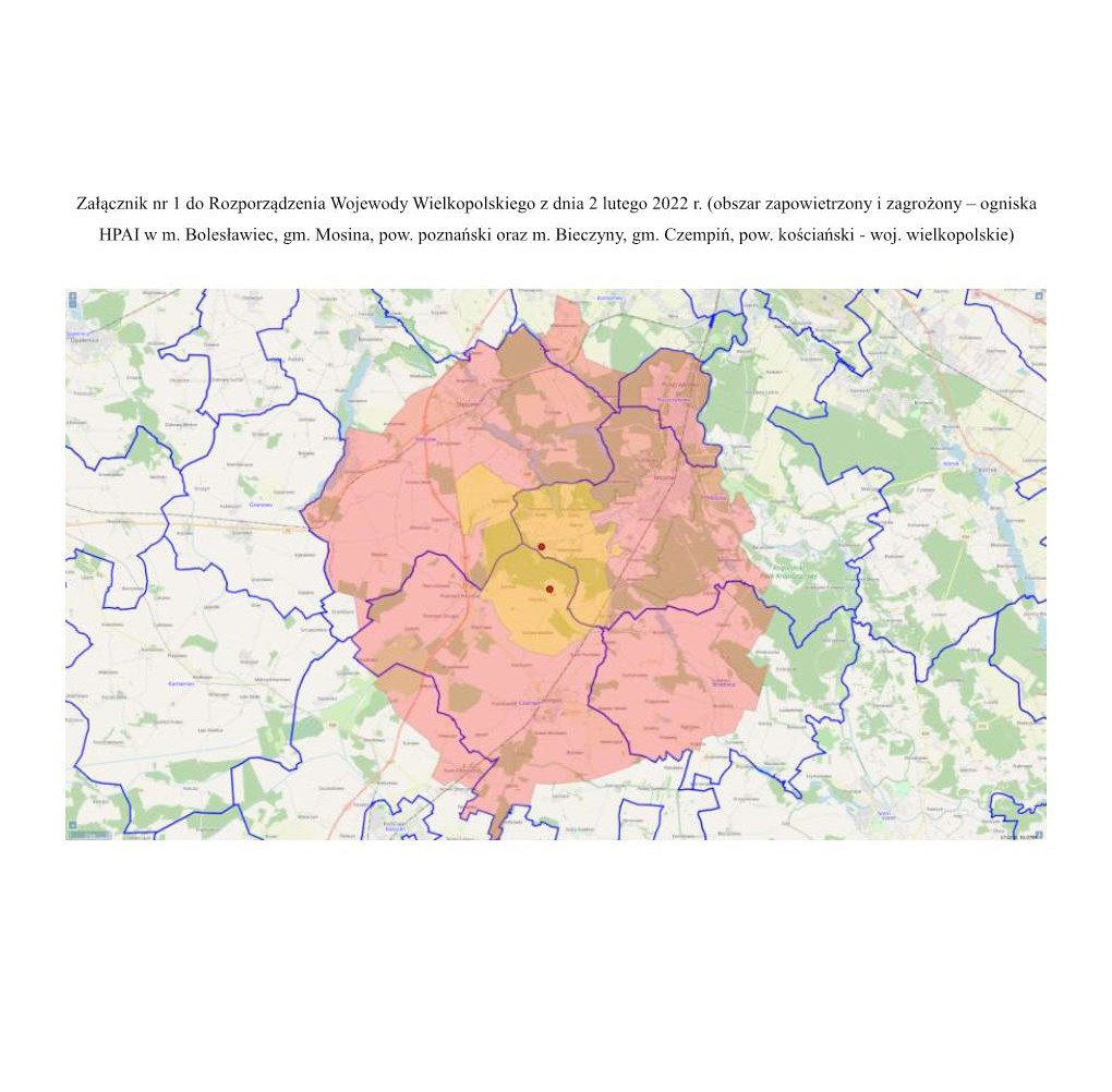 Grafika przedstawia mapkę z obszarem zapowietrzonym i zagrożonym określonymi w Rozporzadzeniu Wojewody Wielkopolskiego z dnia 4 lutego 2022 r.