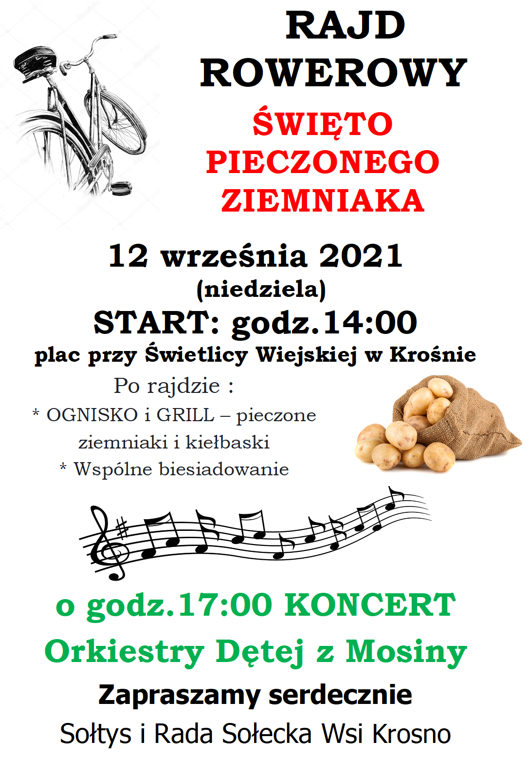 Plakat na którym zawarte są informacje wraz z obrazkami przedstawiającymi rower, ziemniaki oraz nuty