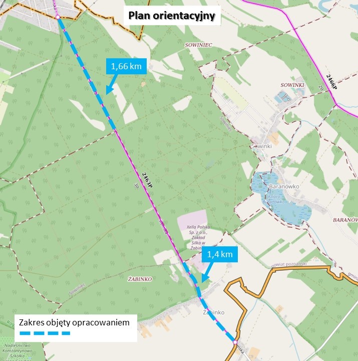plan orientacyjny zakresu projektu ścieżki rowerowej Mosina - Żabinko