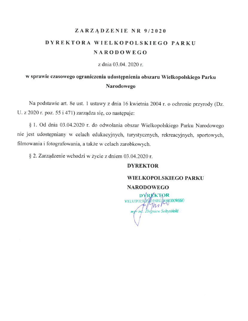 Zarządzenie Dyrektora Wielkopolskiego Parku Narodowego