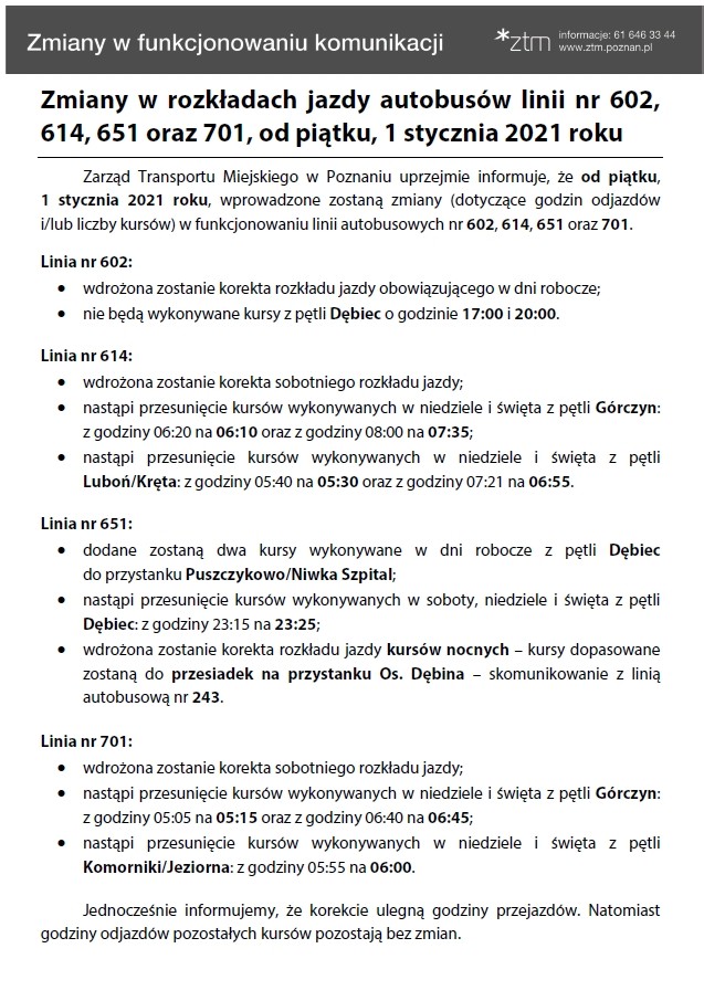 Zmiany w rozkładach jazdy autobus&oacute;w linii nr 602, 614, 651 oraz 701, od piątku, 1 stycznia 2021 roku