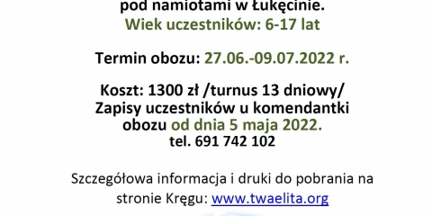 Krąg Instruktorski T.W.A. „Elita” zaprasza do Łukęcina na obóz
